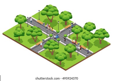 Isometric Landscaping Composition With People Walking In Green Park In Summer On White Background Vector Illustration