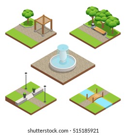 Conjunto de composição de paisagismo isométrico com plantas e elementos de decoração de madeira e pedra para parque ou jardim no verão isolado no fundo branco ilustração vetorial