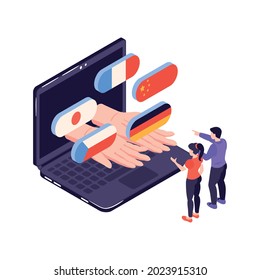 Isometric language center courses composition with image of laptop human hands with national flags and people vector illustration