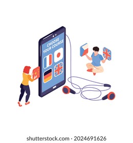 Isometric language center courses composition with people holding national flags and smartphone with headphones vector illustration