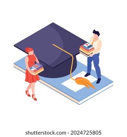 Isometric language center courses composition with male and female characters carrying books and academic hat icon vector illustration