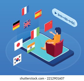 Isometric language school composition with set of national flags smartphone voice message bubble and female user vector illustration