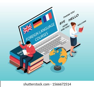 Isometric language training center composition with images of laptop books with characters of teacher and pupil vector illustration