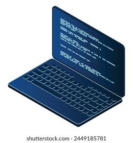 Isometrischer Laptop. 3D-isometrischer Laptop-Computer. Abstrakte Programmiersprache und Programmcode auf einem Laptop-Bildschirm. Vektorillustration