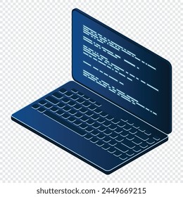 Isometric Laptop. 3d isometric laptop computer. Abstract programming language and program code on a laptop screen. Vector illustration