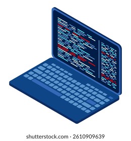 Isometric Laptop. 3d isometric laptop computer. Abstract programming language and program code on a laptop screen. Isometric technology