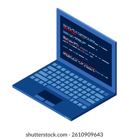 Isometric Laptop. 3d isometric laptop computer. Abstract programming language and program code on a laptop screen. Isometric technology