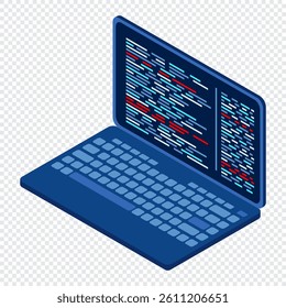 Isometric Laptop. 3d isometric laptop computer. Abstract programming language and program code on a laptop screen. Isometric technology