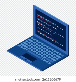 Isometric Laptop. 3d isometric laptop computer. Abstract programming language and program code on a laptop screen. Isometric technology