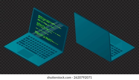 Isometric laptop. 3d isometric laptop computer. Abstract programming language and program code on a laptop screen. Isometric technology