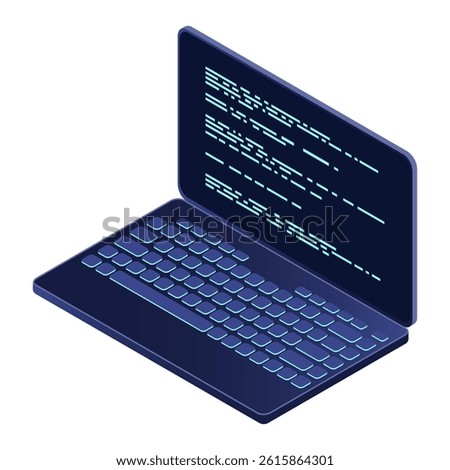 Isometric laptop. 3d isometric laptop computer. Abstract programming language and program code on a laptop screen. Isometric technology
