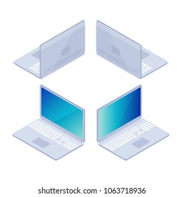 Isometric laptop. 3d computer front view and back view, isolated on white background. Vector illustration.