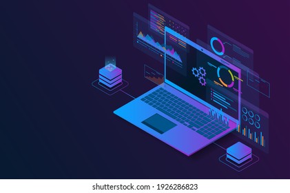 Información de análisis de portátiles isométricos se conecta con el servidor.Concepto futurista.vector e iluminación