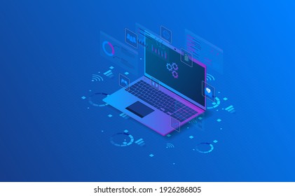 Isometric laptop analysis information. Futuristic concept.vector and illsutration