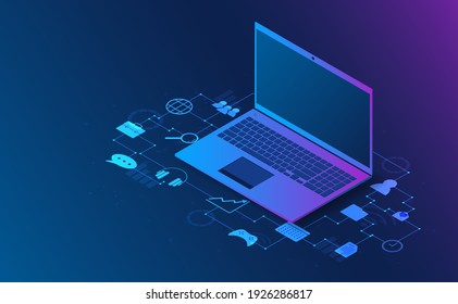 Isometric laptop analysis information. Futuristic concept.vector and illsutration