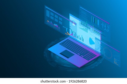 Isometric laptop analysis information.Futuristic concept.vector and illsutration