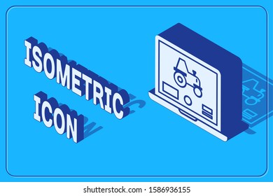Isometric Laptop application for control a autonomous tractor on a smart farm icon isolated on blue background. Smart agriculture implement.  Vector Illustration