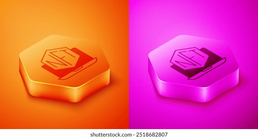 Portátil isométrico con el icono del App de la tienda de arte aislado en fondo naranja y rosa. Tecnología de vender tokens NFT para criptomonedas. Concepto de token no fungible. Botón hexagonal. Vector