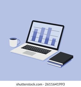 Isometric laptop with bar chart on screen, coffee cup, and notebooks. Perfect for business, analytics, finance, productivity, remote work, and data analysis themes. Clean vector illustration - Powered by Shutterstock - Get 15% off with code: PIKWIZARD15
