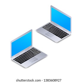 Isometric laptop with blank screen isolated on white background. Realistic 3d computer laptop mockup for software development, responsive web design, banner, poster. Flat vector illustration