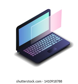 Isometric laptop with blue gradient screen isolated on white background.Realistic modern 3d computer laptop for software development, responsive web design. Vector illustration eps10