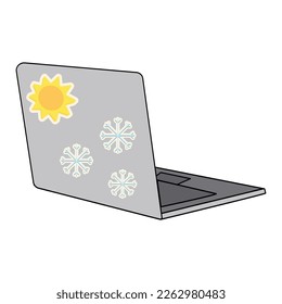 Isometric laptop with bright stickers on the cover of the sun and snowflake. Sticker. Icon. Isolate