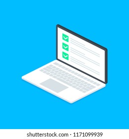 Isometric Laptop With Checklist Browser Window. Check Mark. White Tick On Laptop Screen. Choice, Survey Concepts. Elements For Web Banners, Websites, Infographics.