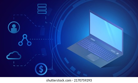 Isometric laptop and cloud services and web applications icons