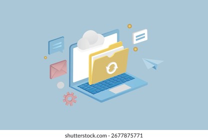 Portátil isométrico con almacenamiento en la nube e iconos de comunicación