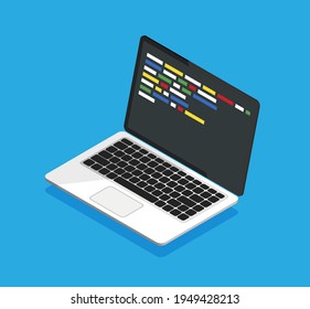Isometric laptop with code on a display. Web developer, design, programming. Coding concept. Isolated vector illustration.