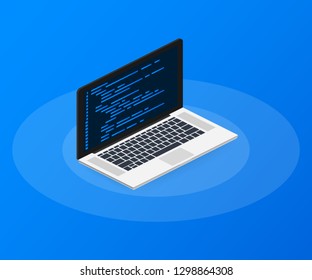 Isometric laptop coding concept. Web developer, design, programming. Laptop screen code. Vector stock illustration.