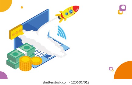 Isometric laptop with coin stack, money bundle and rocket in launching mode, Business Startup concept based web template design.