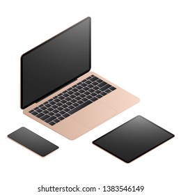 Isometric laptop computer with smart phone infographic elements.