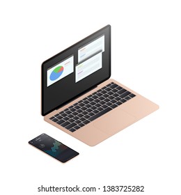 Isometric laptop computer with smart phone infographic elements.