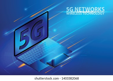Isometric laptop computer with smart phone and tablet infographic elements. 5G network wireless system concept.