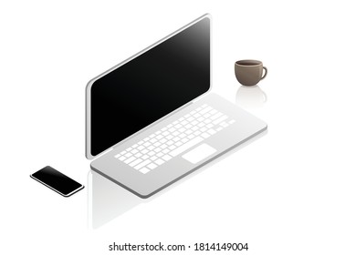 Isometric laptop computer with smart phone and a cup of coffee isolated on white background. 