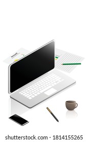 Isometric laptop computer with smart phone and a cup of coffee isolated on white background. 