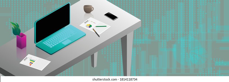 Isometric laptop computer and work files on modern desk with abstract background of world map with polka dots and graphs.