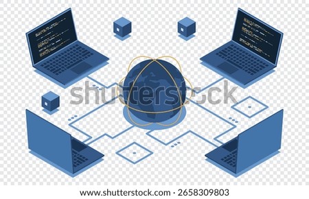 Isometric laptop connected with globe. Global communication internet network. Storage and communication technology. Isometric technology
