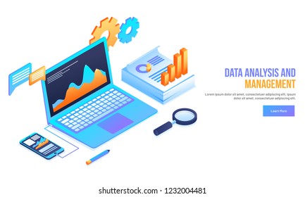 Isometric laptop connected with smartphone and different infographic elements on white background for Data Analysis and Management landing page design.