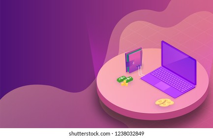 Isometric laptop connected with wallet and stack of coins on abstract background for Virtual To Real Money Exchange concept.