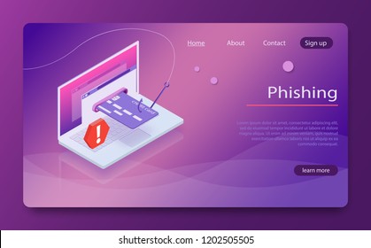 Isometric laptop credit card cvv password phishing. Internet hacker attack and personal data security concept. Hacker attack, web security vector concept, phishing scam. Anti virus, spyware, malware.