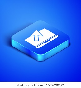 Isometric Laptop and cursor icon isolated on blue background. Computer notebook with empty screen sign. Blue square button. Vector Illustration