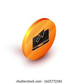 Isometric Laptop and cursor icon isolated on white background. Computer notebook with empty screen sign. Orange circle button. Vector Illustration