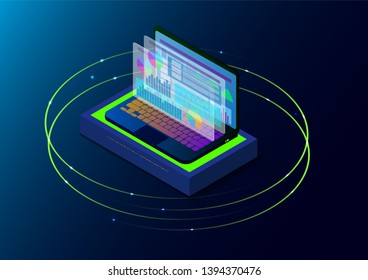 isometric laptop of data science with light circle
