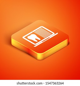 Isometric Laptop with dental card or patient medical records icon isolated on orange background. Dental insurance. Dental clinic report.  Vector Illustration