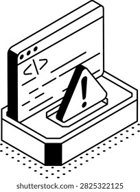Isometric laptop displaying a code warning for a syntax problem.