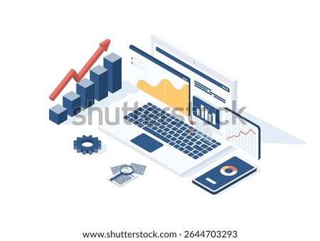 Isometric laptop displaying graphs, charts, and dashboards surrounded by data tools, representing financial growth, analysis, and digital reporting.  
