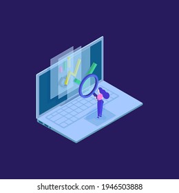 isometric laptop, documents, woman with magnifying glass. tiny people with magnifying glass analyze financial internal market on laptop. large page with analytic data on display. blue and violet color