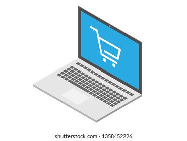 Isometric laptop with ecommerce wallpaper vector illustation isolated on a white background